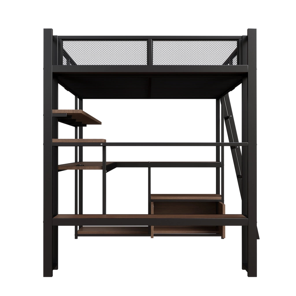 Letto a soppalco 140 × 200 cm con scrivania integrata, LED, ripiani e stazione di ricarica, senza materasso