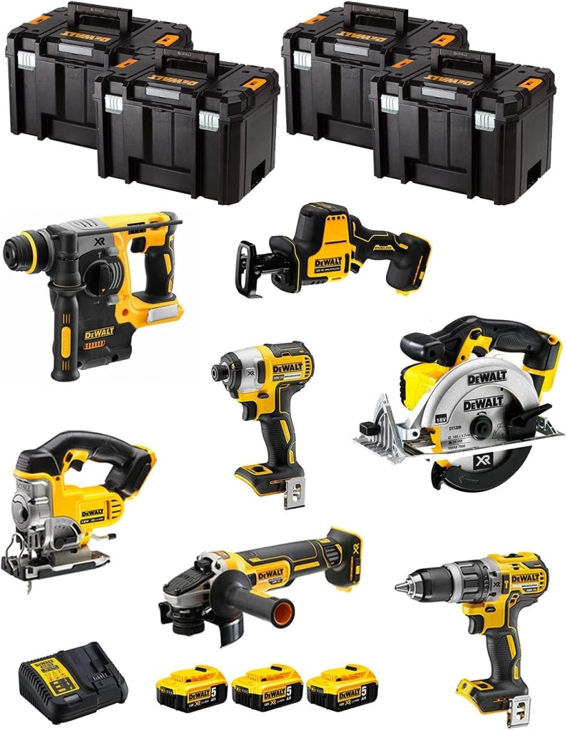 DeWALT Kit DWK702T (DCD796 + DCH273 + DCG405 + DCF887 + DCS331 + DCS391 + DCS369 + 3 Batterie 5,0 Ah + Caricabatterie + 4 x TSTAK VI)