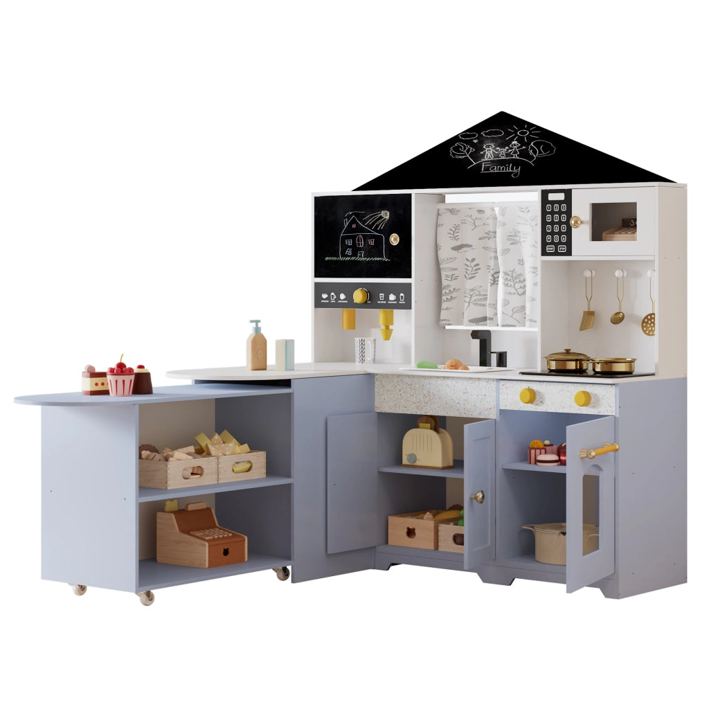 Cucina giocattolo per bambini con lavello, forno, microonde, caffettiera, isola cucina e credenze in MDF lilla