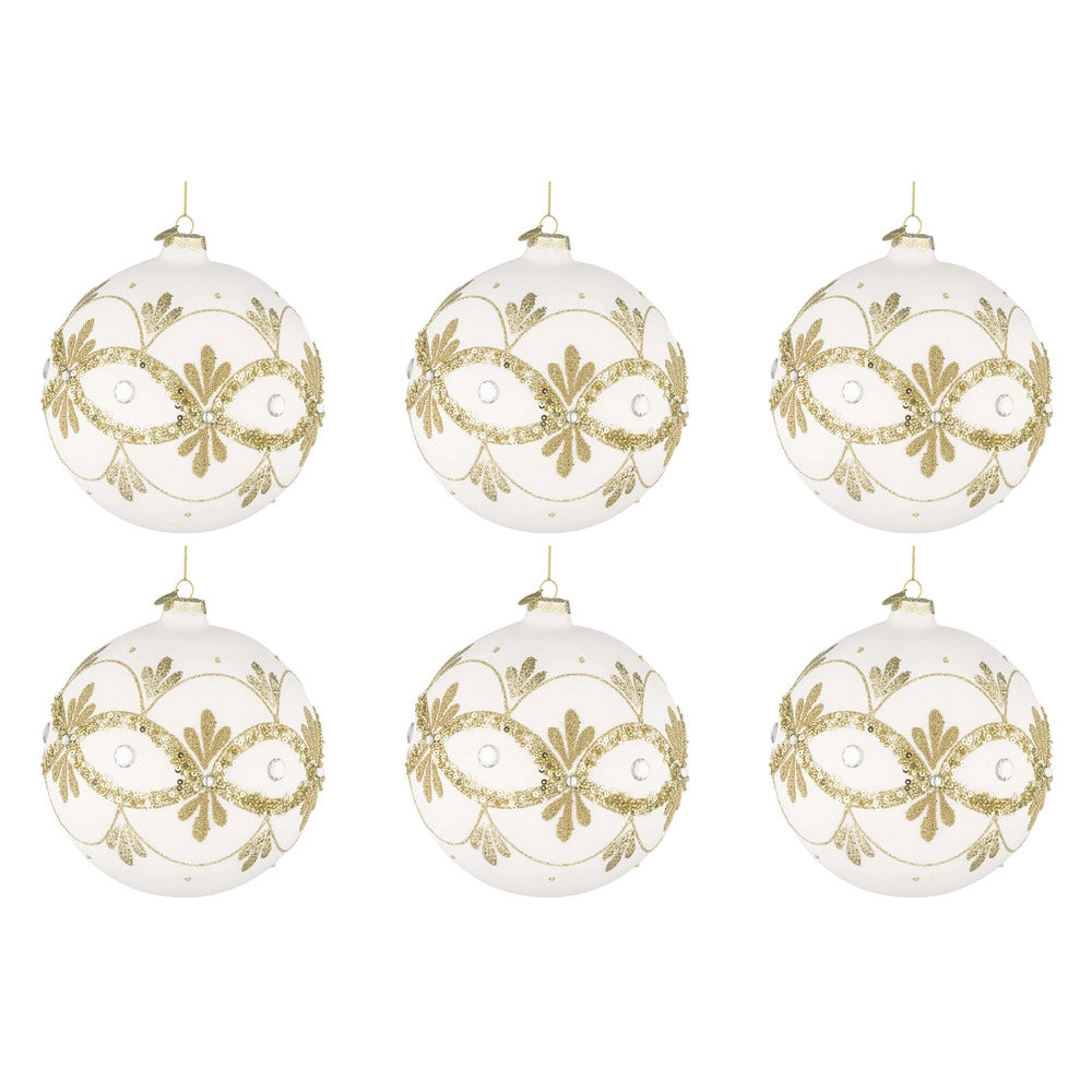 Palline di Natale in Vetro Bianche con Decorazioni Oro Garish Diametro: 80 mm
