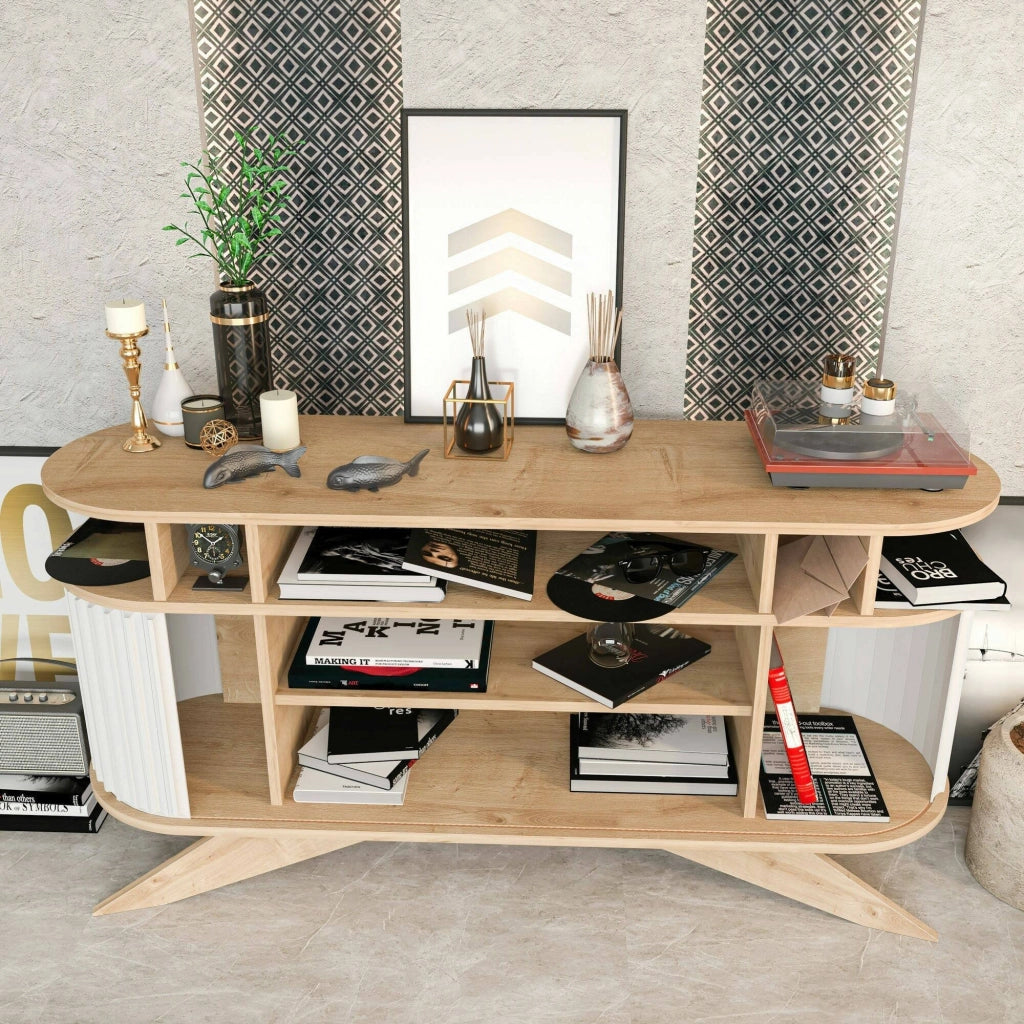 Credenza Joy, Buffet da soggiorno, Madia da salotto, Dispensa da cucina, 150x43h75 cm, Quercia e Bianco