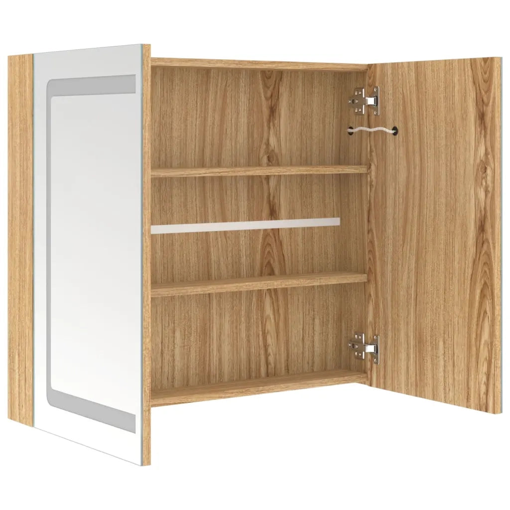 Mobiletto a parete contemporaneo con specchio e illuminazione a LED 80 x 12 x 68 cm illuminazione soffusa pratico contenitore MDF effetto rovere 02_0046749