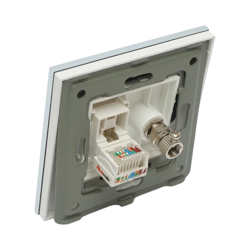 Presa TV + internet CAT5 RJ45, cornice in vetro bianco 86x86mm