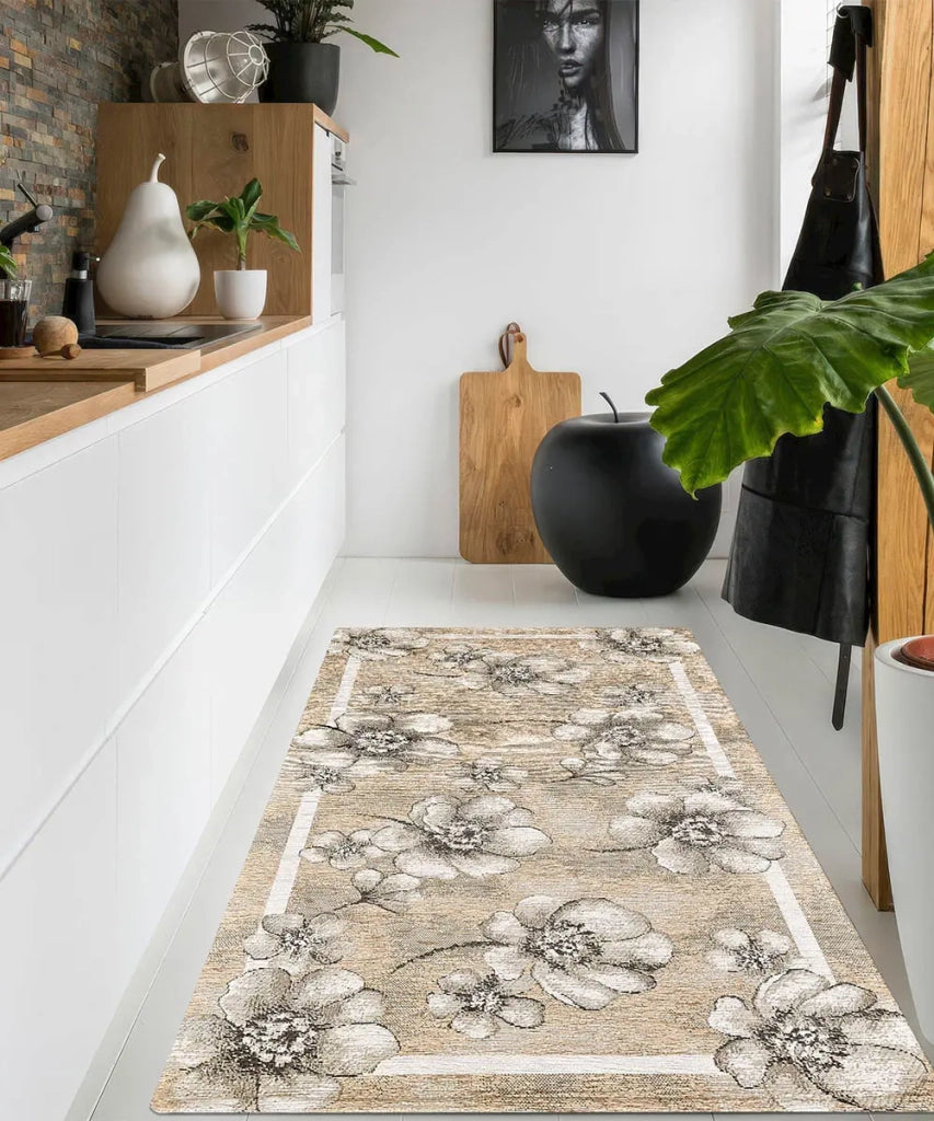 Tappeto moderno EMILY TORTORA BEIGE disegno floreale motivo fiorellini, passatoia cucina multiuso lavabile in lavatrice e anti-scivolo cm.55x280