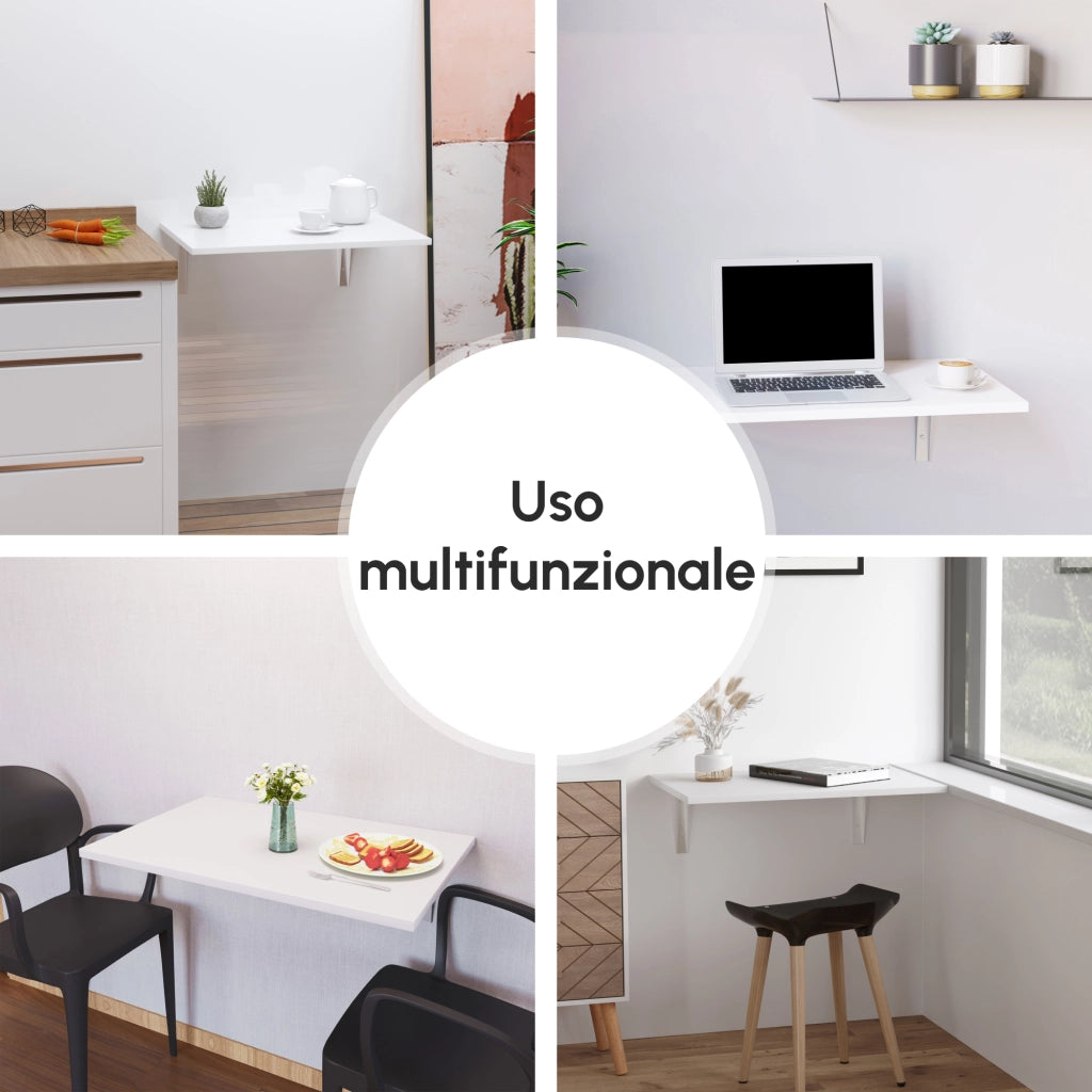 EasyComfort Tavolino a Muro Pieghevole Salvaspazio in MDF e Telaio in Metallo, per Cucina Salotto, Bianco, 60x40x20cm