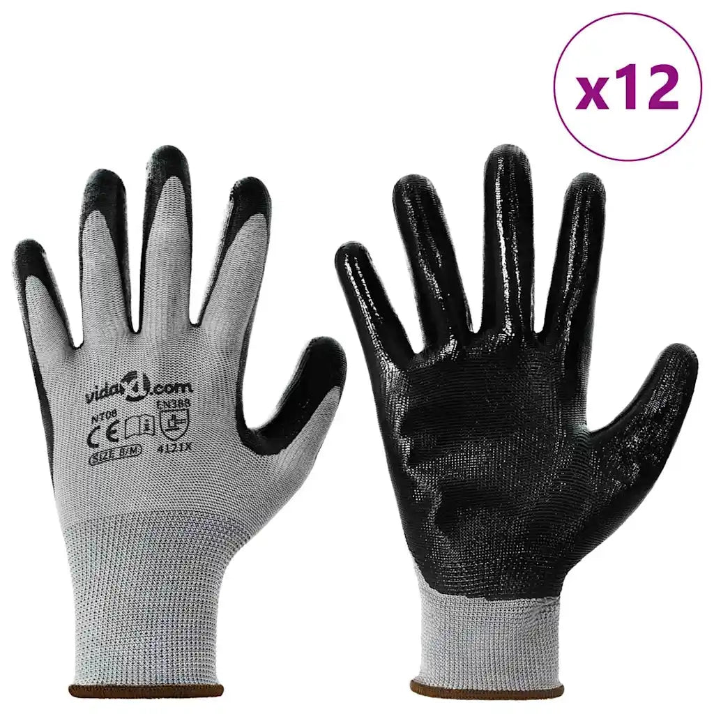 Guanti da Lavoro 12 pcs Grigio e Nero 8 / m Poliestere 42020702
