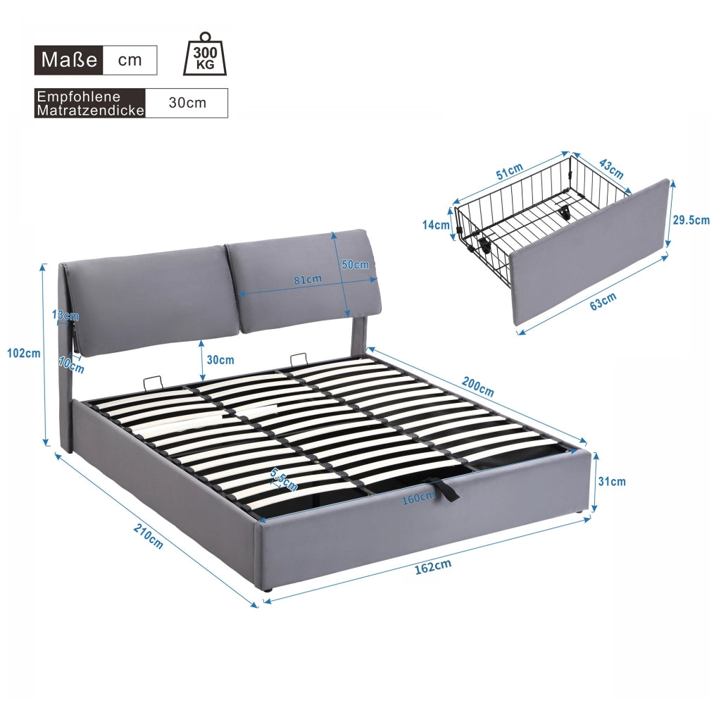 Letto con contenitore 160x200 cm; 3 cassetti; in velluto grigio