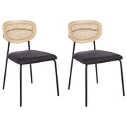 Set di 2 sedie da pranzo Rivestimento in poliestere nero Schienale in rattan naturale a treccia viennese Gambe in metallo nero Sgabelli senza braccioli