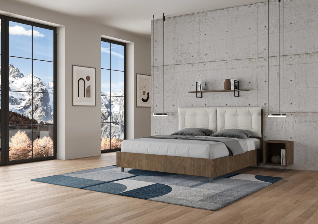 Letto matrimoniale senza rete 160x190 bianco frassino cuscini similpelle cappuccino Egos Annalisa