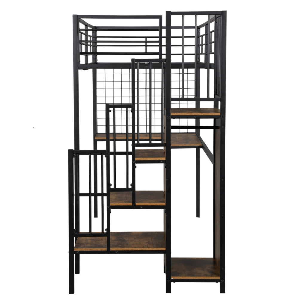 Letto a soppalco 90x200 cm con armadio integrato e scala laterale; MDF e metallo; nero noce scuro
