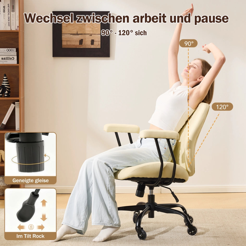 Sedia da ufficio ergonomica in pelle con altezza regolabile e schienale reclinabile, con braccioli removibili bianco