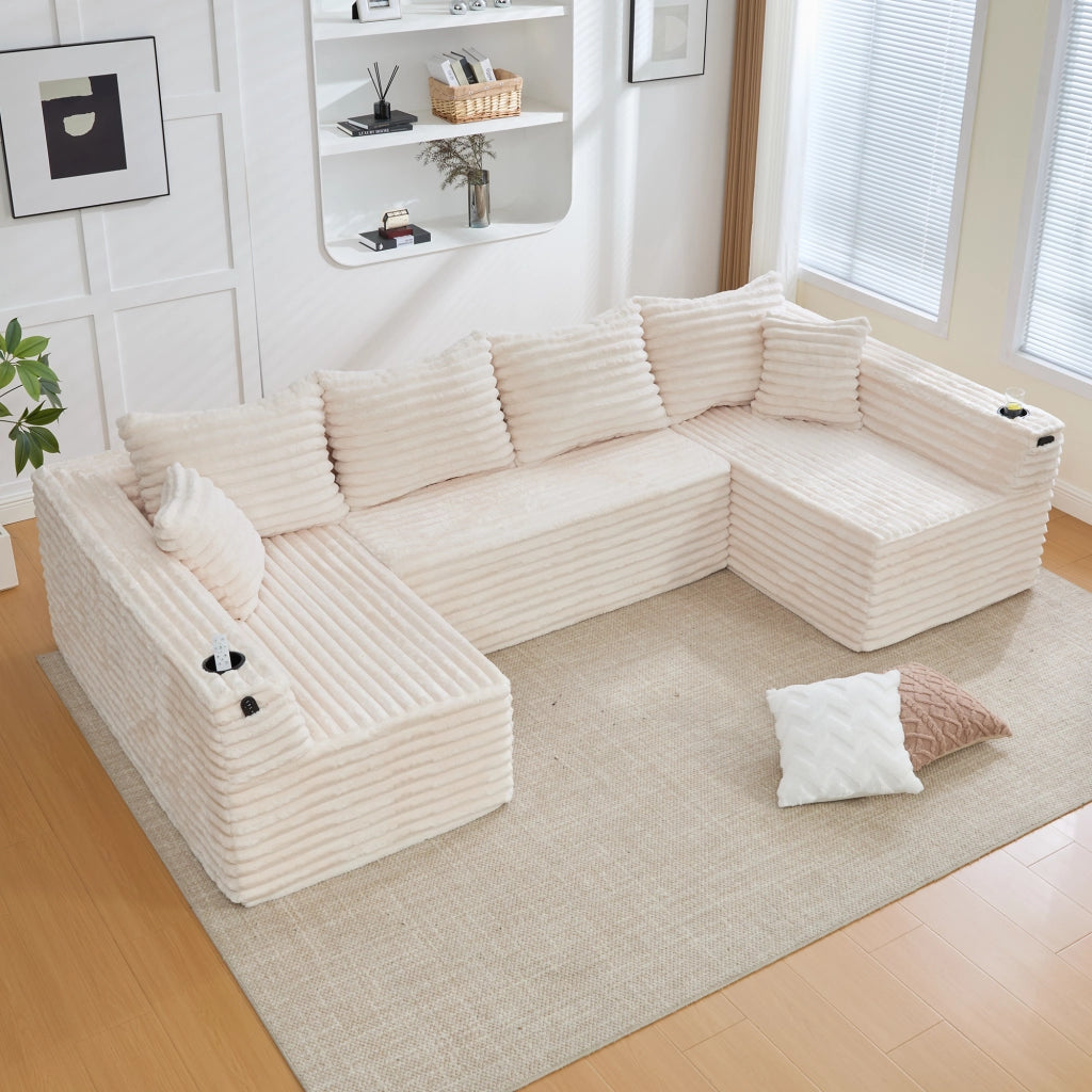 Divano modulare a U con portabicchieri, tasca laterale e cuscini in tessuto cord beige 320 × 155 × 88 cm