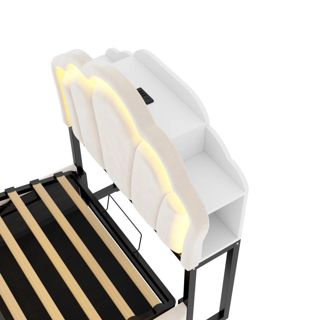 Letto imbottito beige 90x200 cm con contenitore idraulico, illuminazione LED e prese integrate
