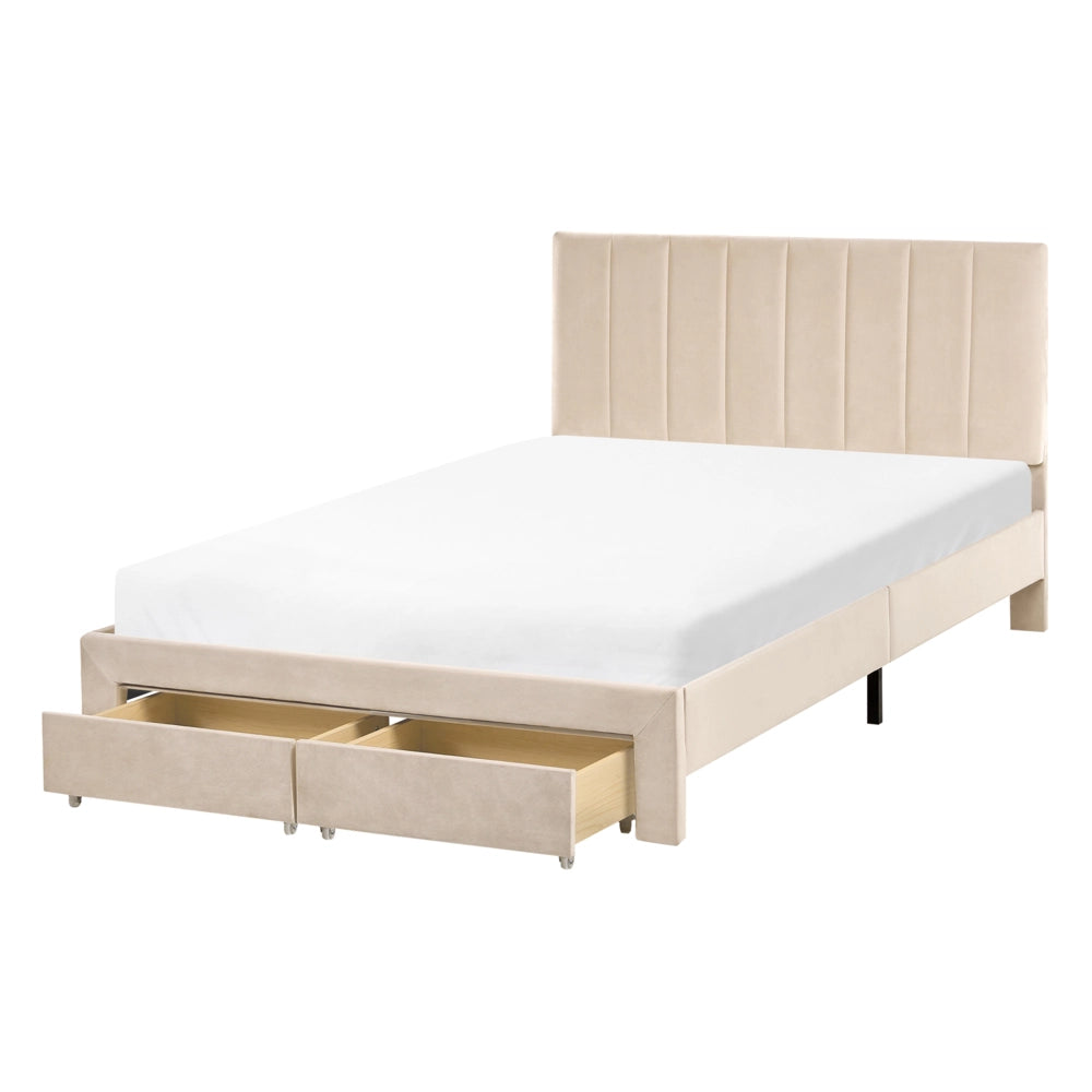 Letto matrimoniale 120 x 200 cm Beige Rivestimento in velluto 4ft con cassetti Testiera Base a doghe Moderno