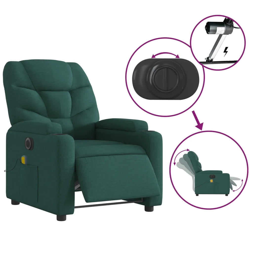 Poltrona Massaggiante | Sedia Relax Reclinabile Elettrica Verde Scuro Tessuto