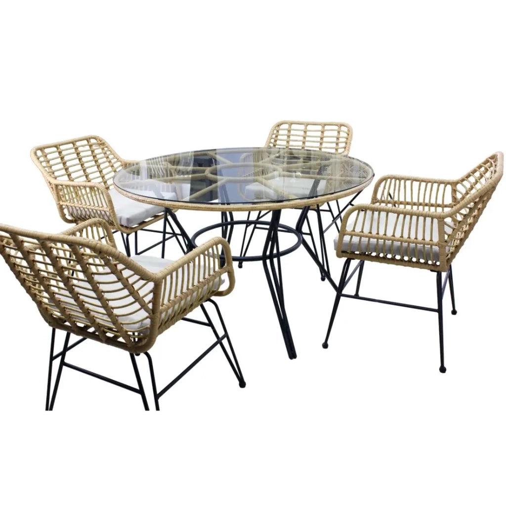 Salotto da giardino VALORIA 4 posti – Tavolo e 4 sedie in rattan marrone con cuscini grigi