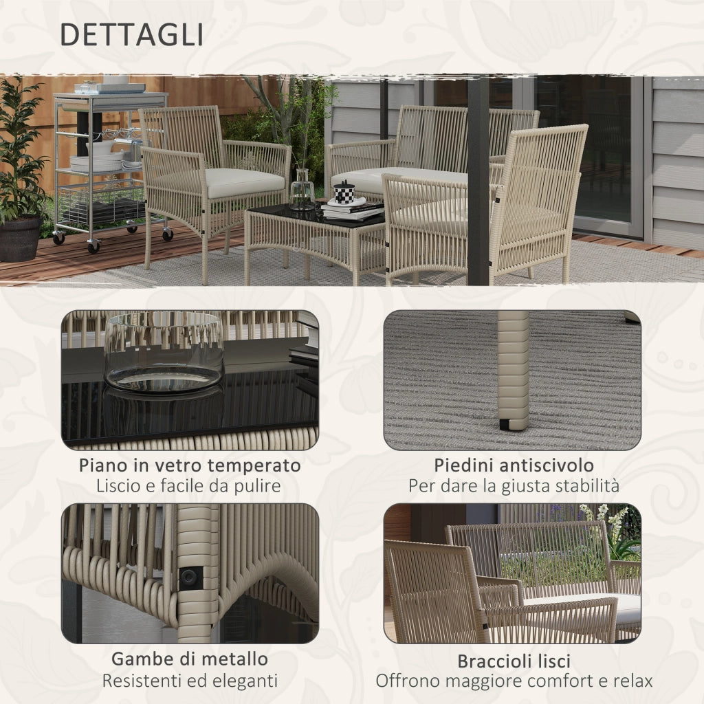 Set da Giardino in Rattan da 4 Pezzi con 2 Poltroncine. Divano e Tavolino da Caff¨¨. Kaki e Nero