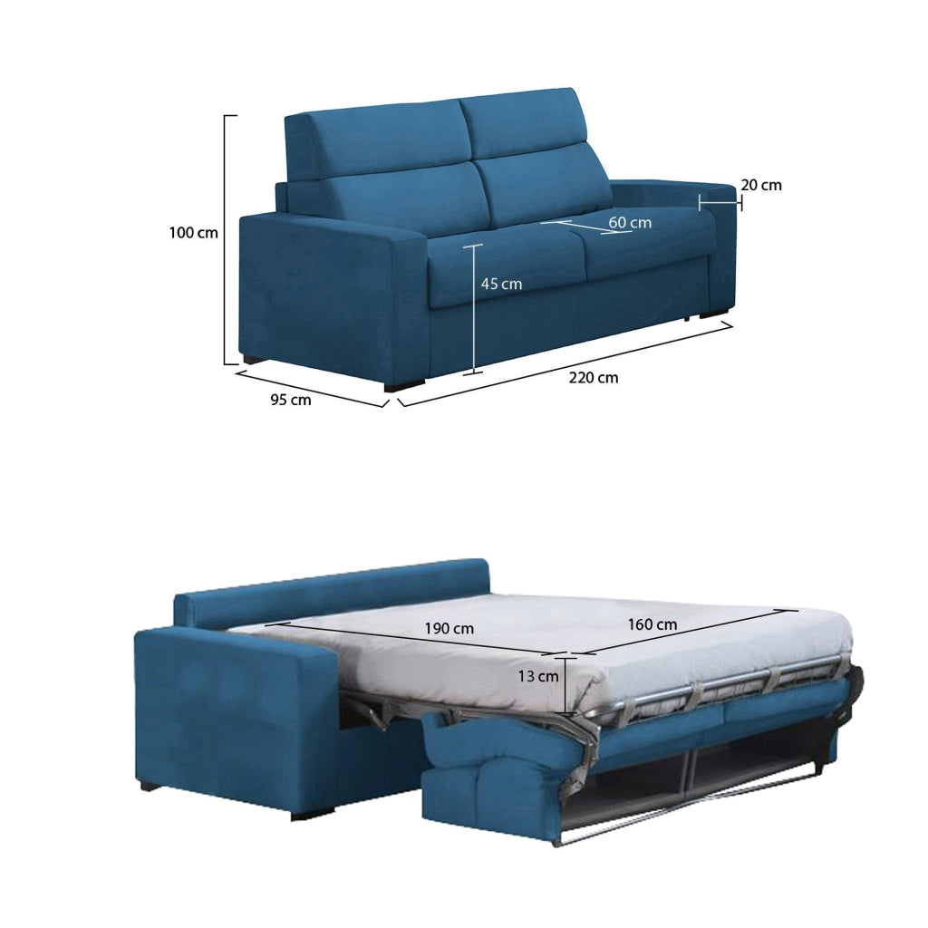 Marcon, Divano Letto 3 Posti Sfoderabile Made in Italy, 220x95 cm blu