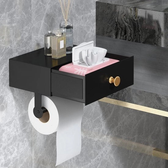 Sostegno per carta igienica, nero, sostegno per carta igienica, non perfora con scatola per asciugamani umidi, sostegno per carta igienica, sostegno per carta igienica con pannello per bagno, adesivo o perfora.
