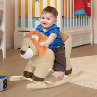 Dondolo Giocattolo a Forma di Leone per Bambini 18-36 Mesi, Ruggisce (3 Batterie Incluse), in Legno e Peluche
