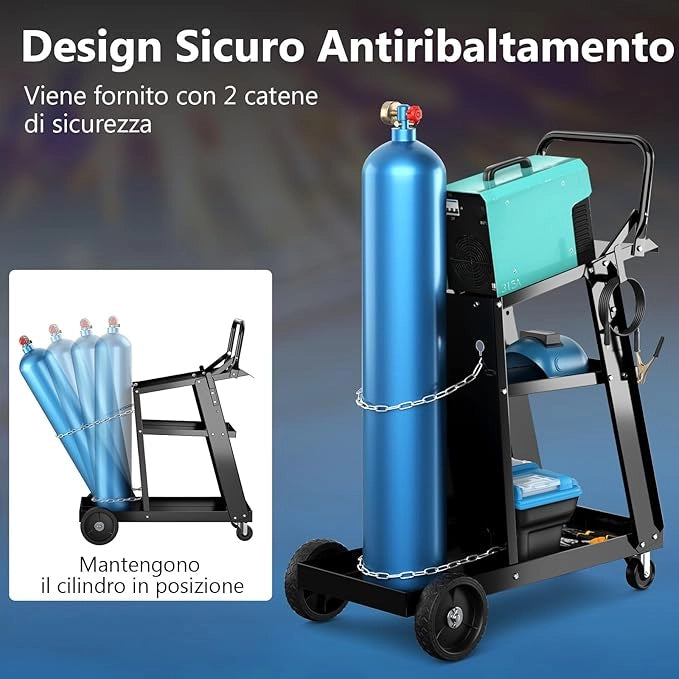 Carrello da Saldatura a 3 Livelli, Carrello per Saldatore con Struttura in Metallo, 4 Ruote Bloccabili Universal e Spazio per Serbatoio con Catene Anti-Ribaltamento, Carrello per Officina