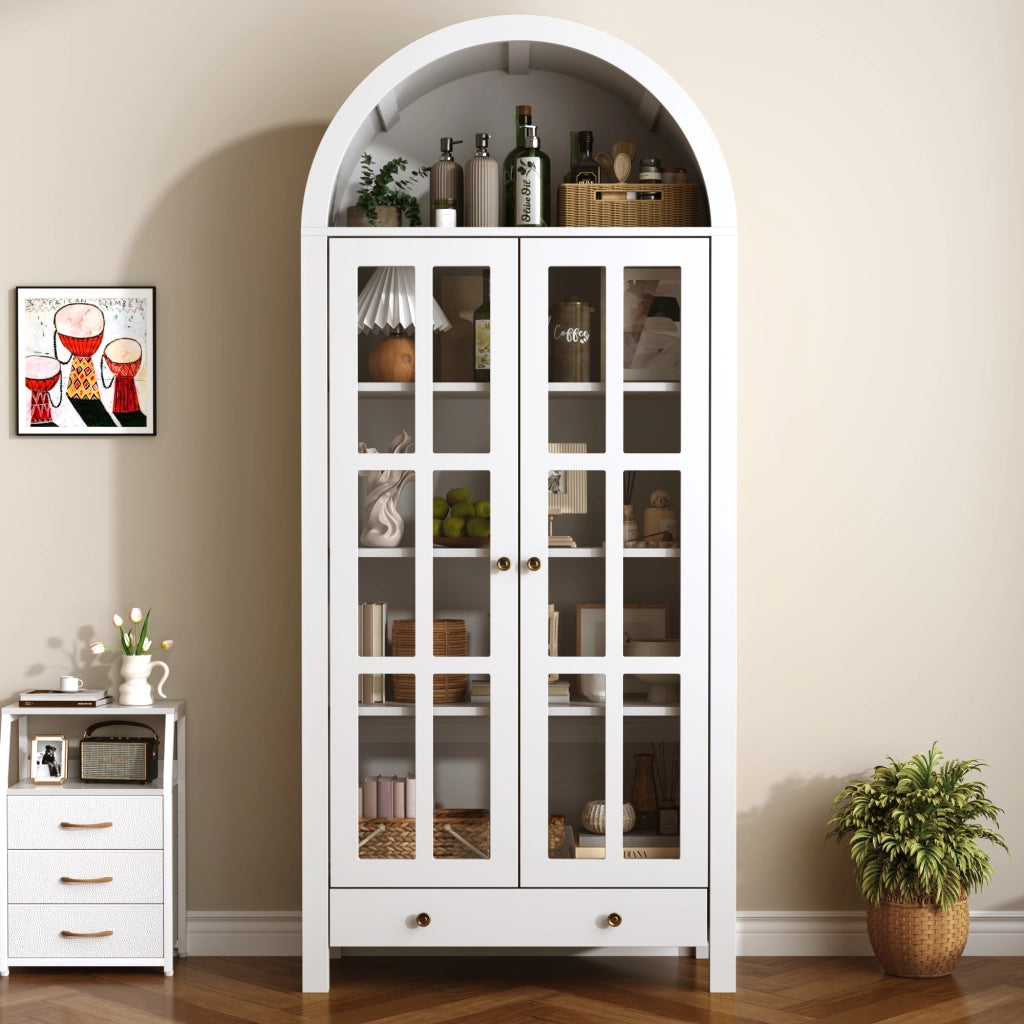 Vetrina moderna ad arco 75 x 35 x 170;5 cm con ripiani e cassetto; MDF; bianca
