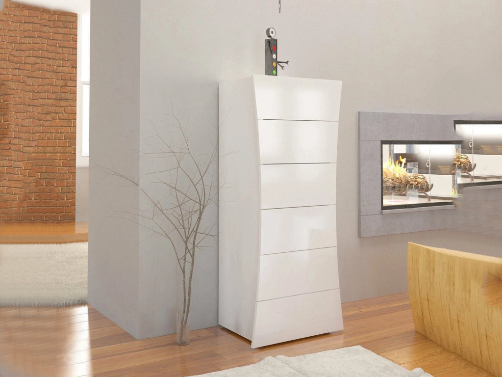 Cassettiera a 6 Arignano, Made in Italy, Design a ondulato moderno, Settimanale per camera da letto, cm 50x40h122, colore Bianco lucido