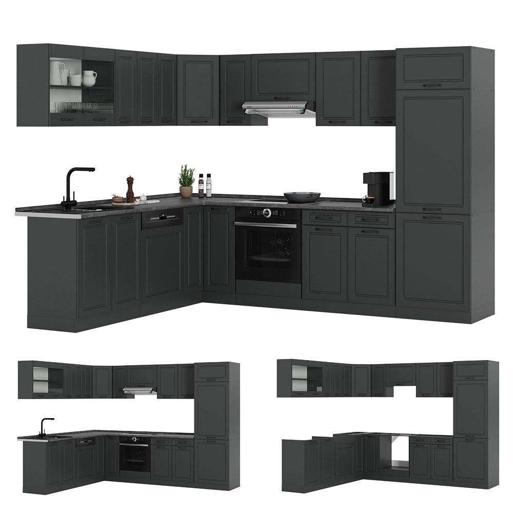 Cucina angolare completa R-Line Antracite rustico/Antracite 287 x 227 cm, PL Marmo Vicco