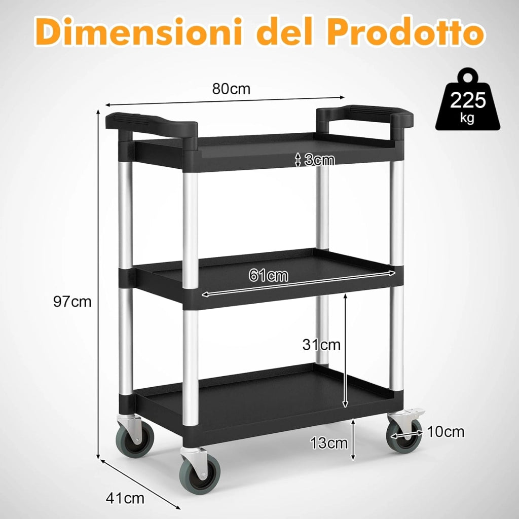 Carrello Portautensili Attrezzi a 3 Livelli, Carrello di Servizio da Officino con Rutoe Bloccabili, Doppie Maniglie e Struttura Robusta in Alluminio, Portata 225kg, per Magazzino e Cucina