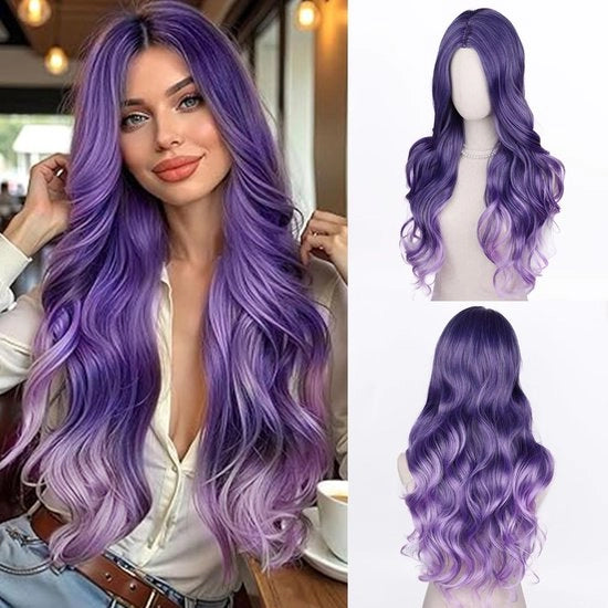 Pruika con lunghe ondulazioni - Resistente al calore - Fibra sintetica - Ombre per capelli - Capelli naturali - Per donne - Utilizzo quotidiano - Accessorio per capelli