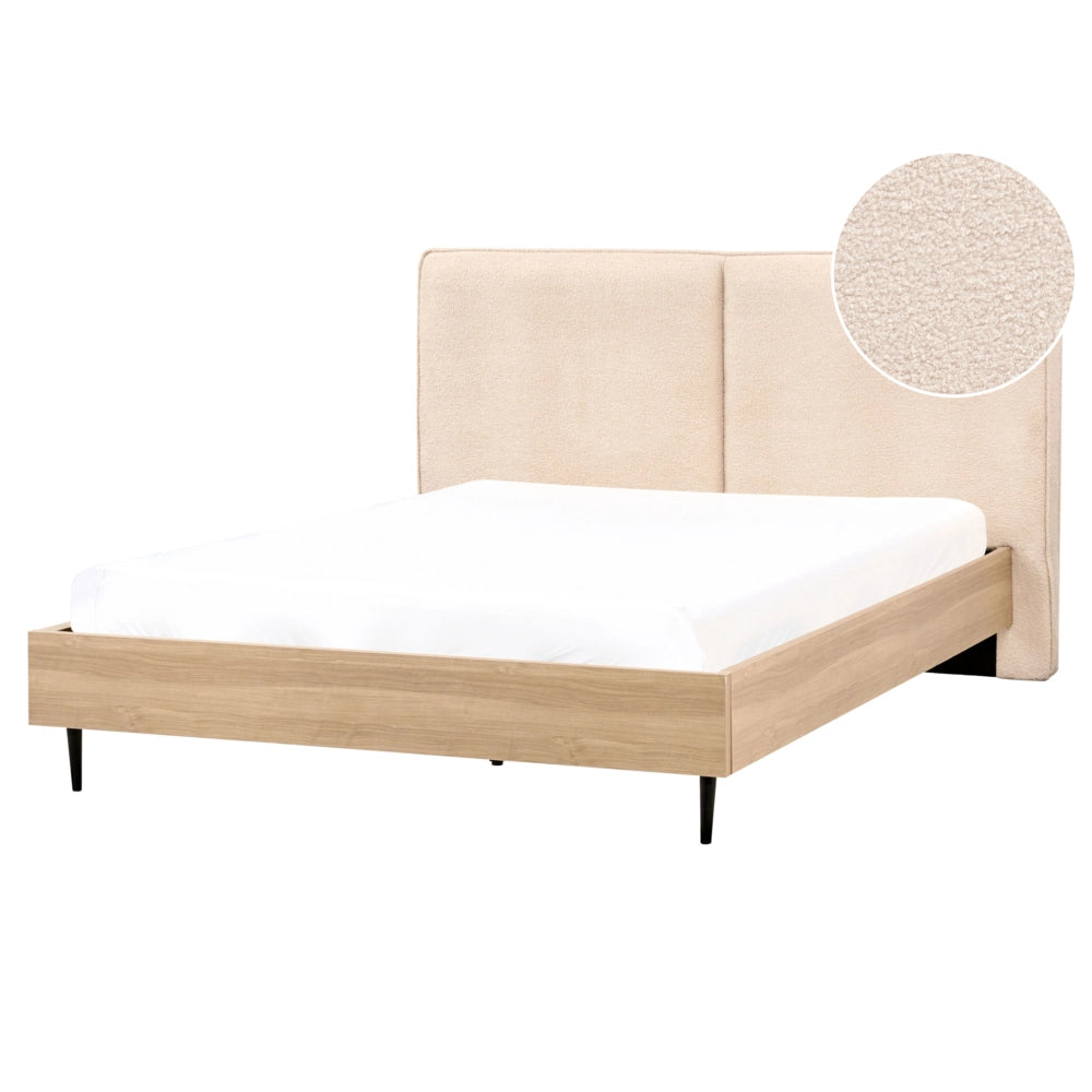 Letto matrimoniale in tessuto bouclè beige con testiera imbottita 160 x 200 cm stile moderno