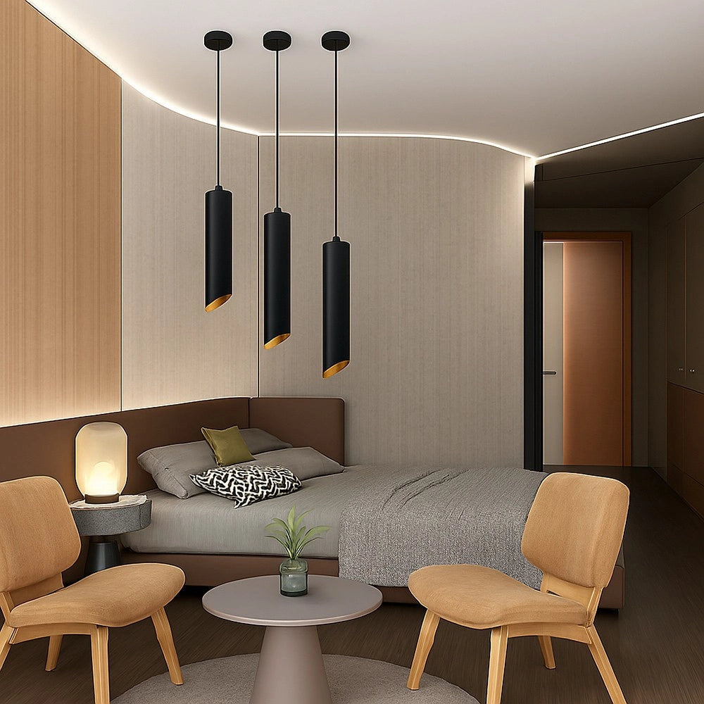 Trade Shop - Lampadario A Cilindro Asimmetrico Da Soffitto Nero Con Interno Oro Attacco Gu10 Ts187 -