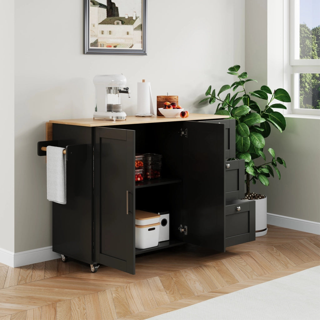 Isola da cucina mobile pieghevole 135x44(70)x90 cm in MDF nero e naturale