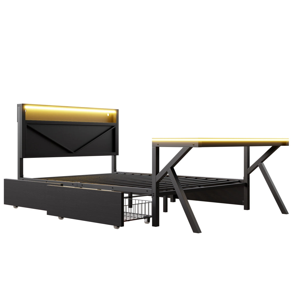 Letto piattaforma da gaming nero 140x200 cm in metallo con testata LED, scrivania LED e due cassetti