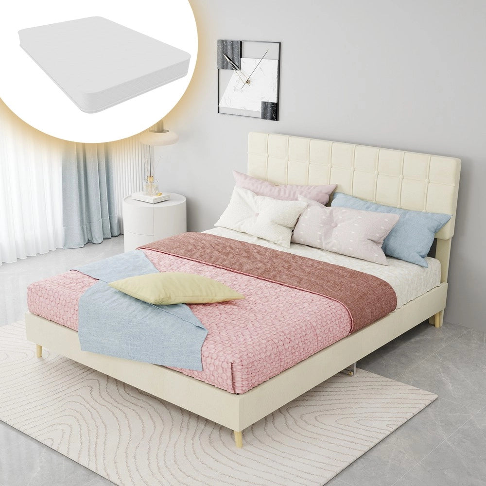 Letto Matrimoniale Imbottito con Testiera ¨C MINIMAL ¨C Tessuto Beige 140x200