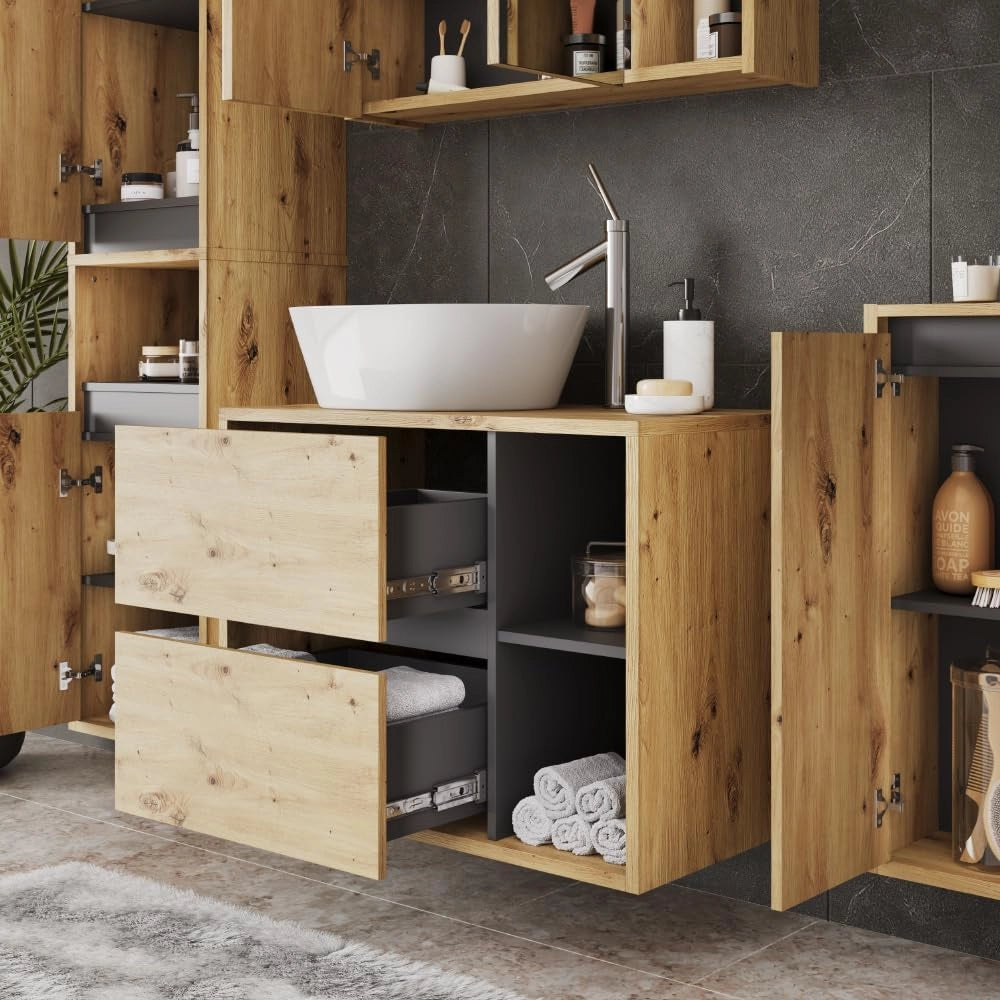 Mobile sottolavabo per bagno Viola, Artigiano/grigio, 80 x 60 cm con 2 cassetti