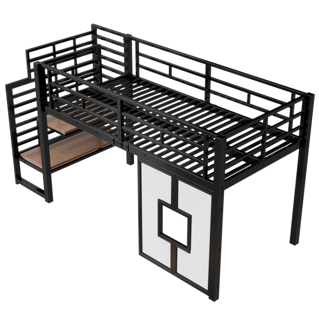 Letto a soppalco 90x200 cm con scala; contenitore; LED e finestre in metallo e MDF nero