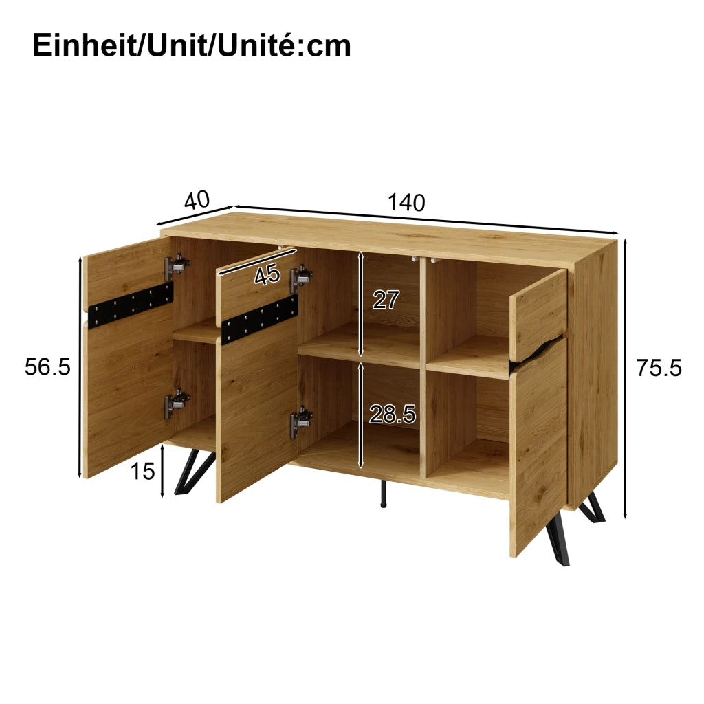 Credenza con 3 Ante e Gambe in Metallo; Design Moderno; in Pannello Truciolare; Nero; 140??40??75;5 cm