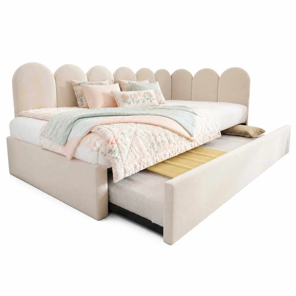 Letto daybed imbottito con letto estraibile 90x200 cm, velluto, colore beige