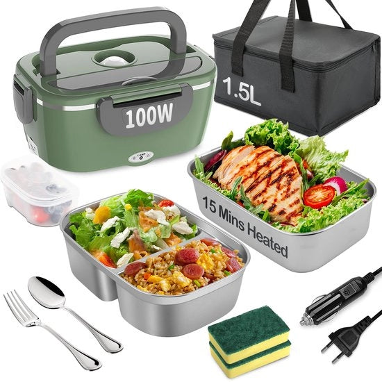 Lunchbox elettrica 100W, 3-in-1 termica portatile, contenitore in acciaio inossidabile da 1,5L rimovibile, box di calore isolata 12V/24V/220V per auto/truck/ufficio (verde e grigio, 1,5L)