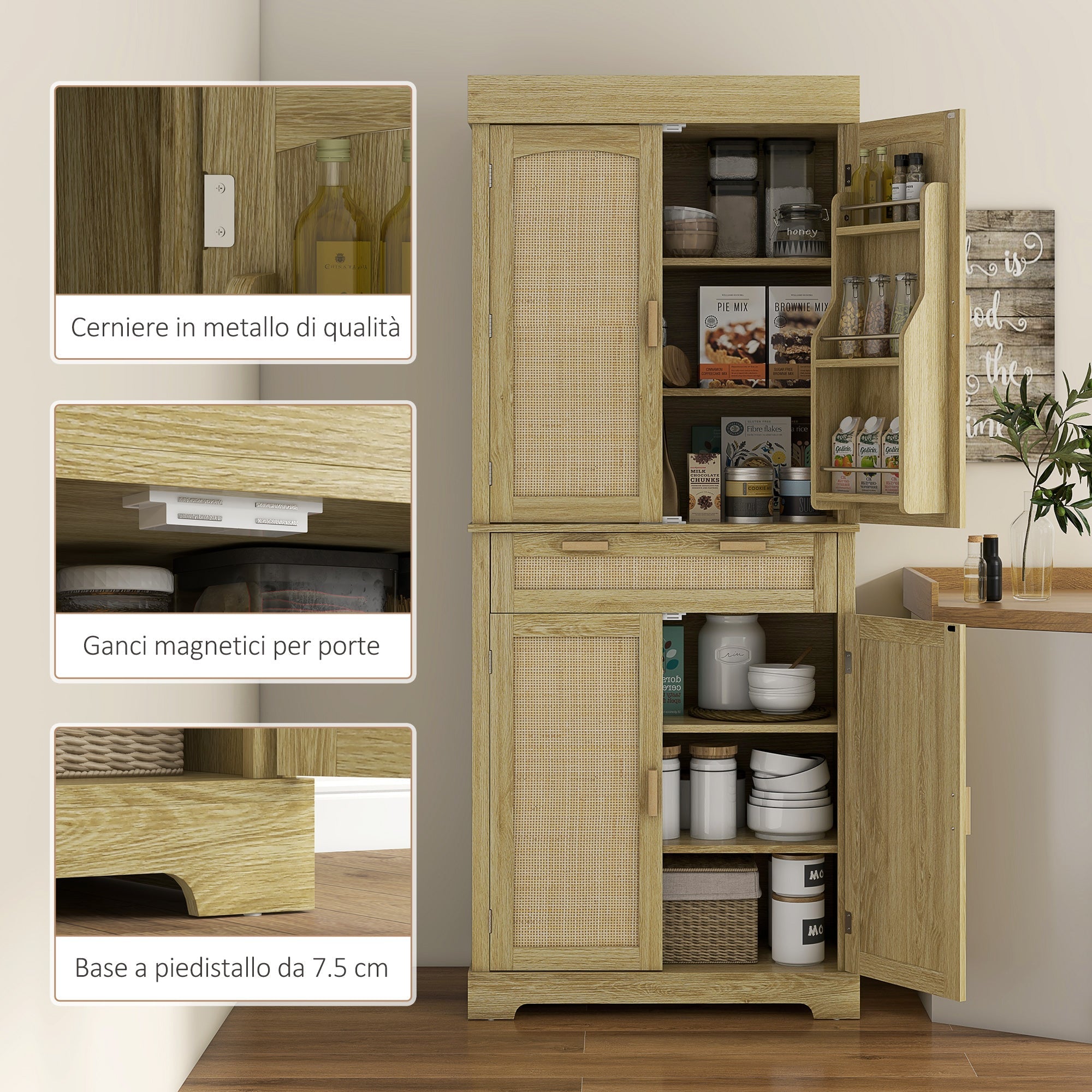 Credenza Cucina Stile Boho 2 Armadietti con Portaspezie e Cassetto 76x40x183 cm Rovere