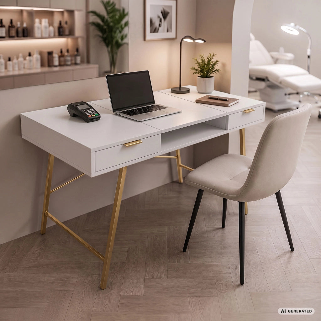 Scrivania industriale per computer Bianca ARDEN 120 cm 2 cassetti 1 ripiano gambe dorate