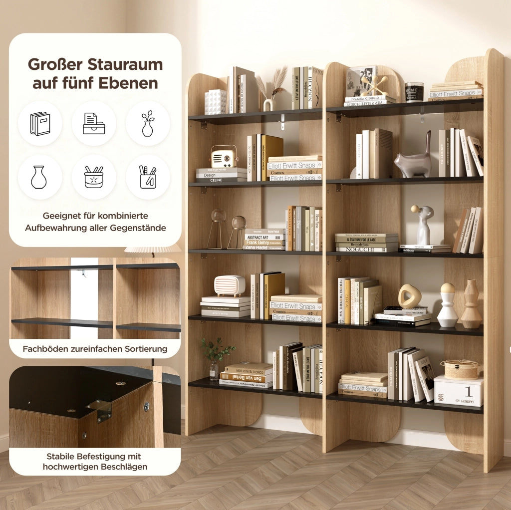 Libreria aperta a 5 ripiani 160x135x25 cm in pannello truciolare naturale e nero
