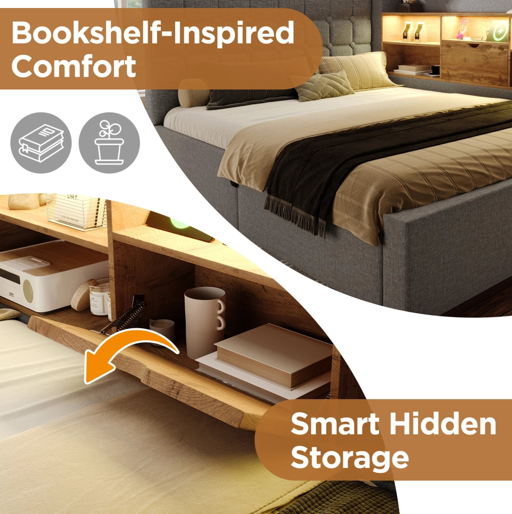 Letto singolo 90 × 190 cm con contenitore idraulico; LED e porte USB; tessuto grigio