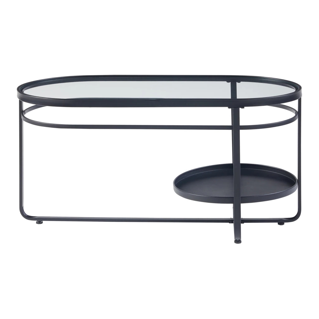 Tavolino da caffè con piano ovale e ripiano metallo vetro temperato 90 x 43 x 46 cm nero 03_0010812