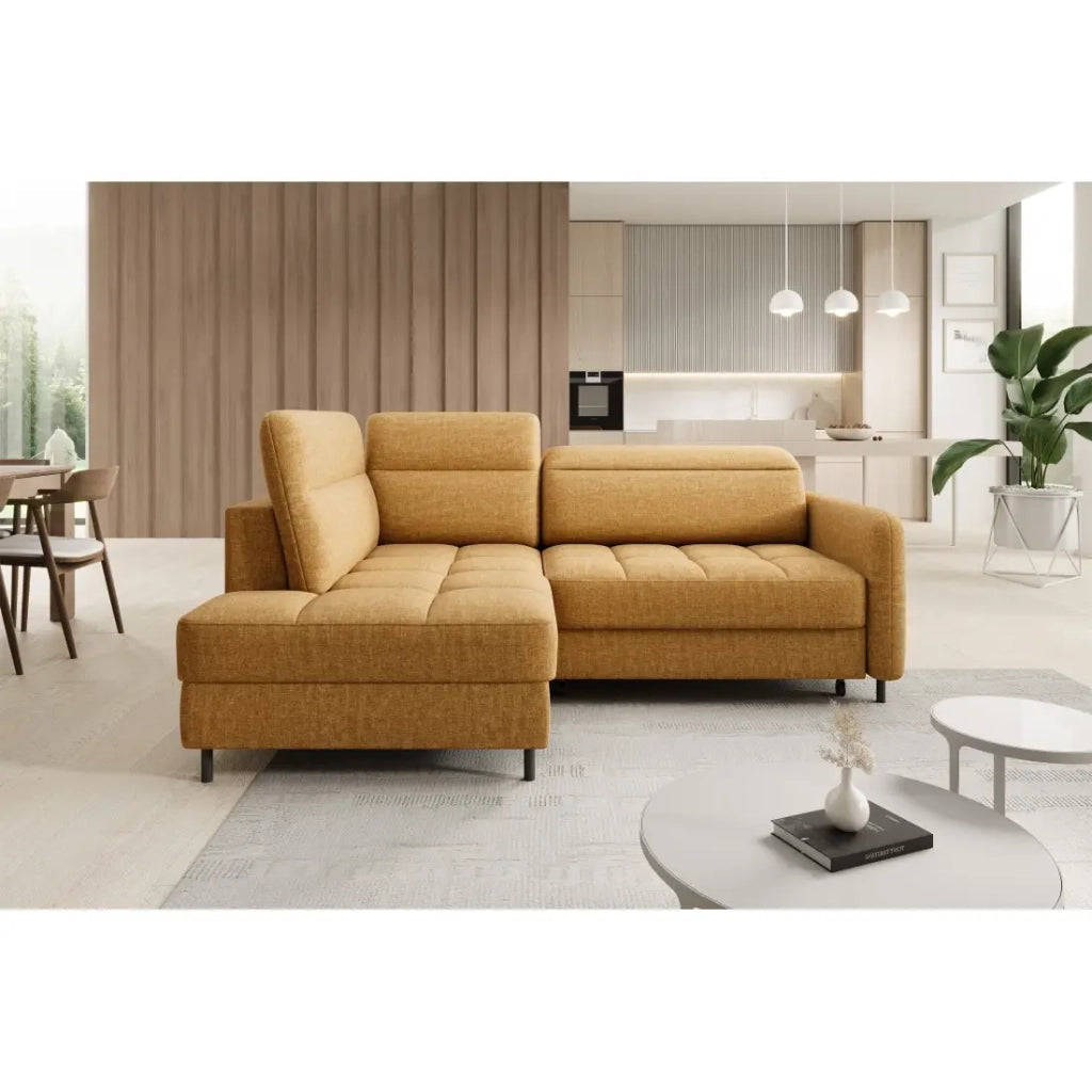 Divano angolare sinistro trasformabile BARNEA 208 cm camel con contenitore