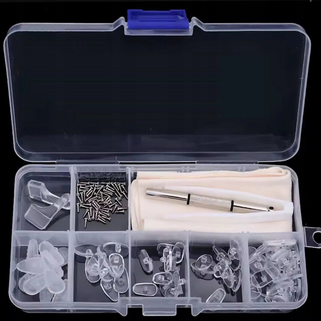 Set Riparazione Occhiali OkularFix MaxKit – 35 Paia Naselli Silicone, 60 Viti, Pinzetta, Cacciavite, Panno, Organizer