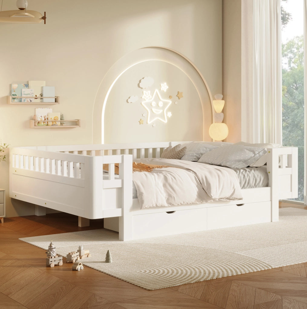 Letto per bambini con barriera alta e 2 cassetti, bianco