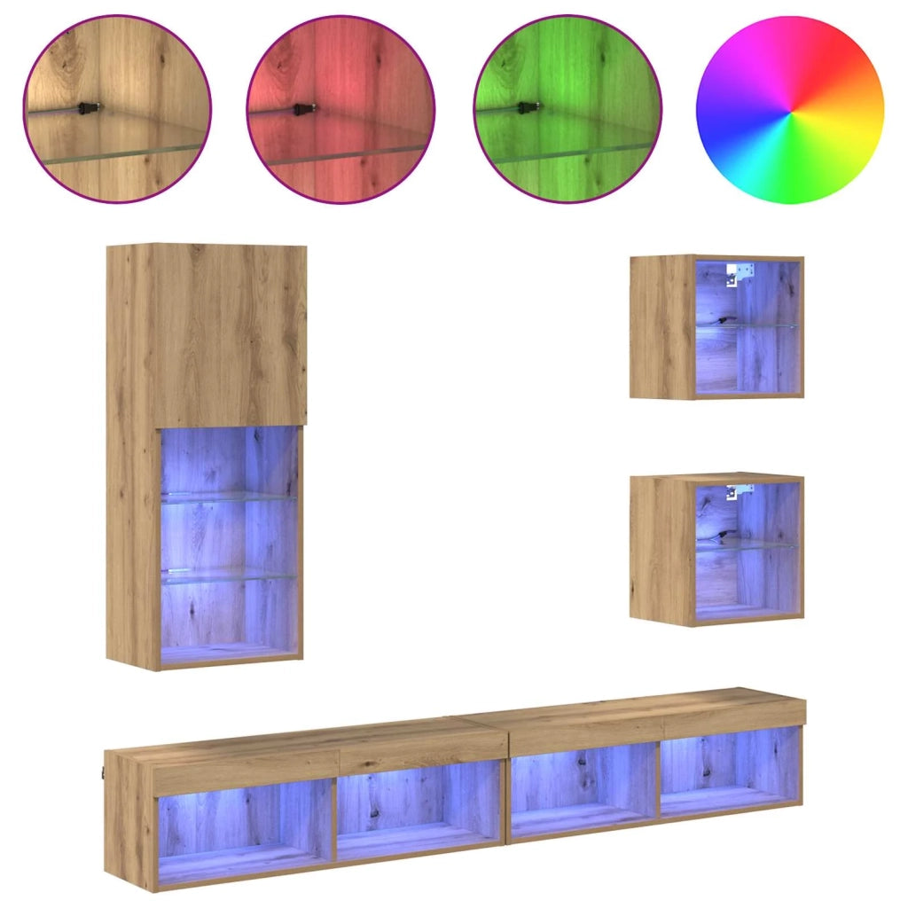 Unità a muro per TV con LED 5 pcs Rovere artigianale 3402951