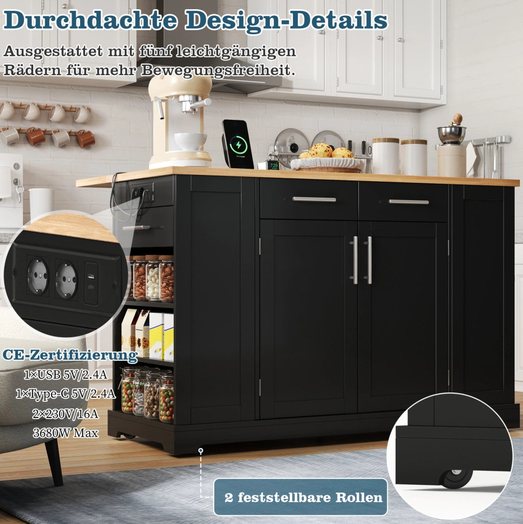 Isola cucina mobile 138 cm con piano ribaltabile e prese